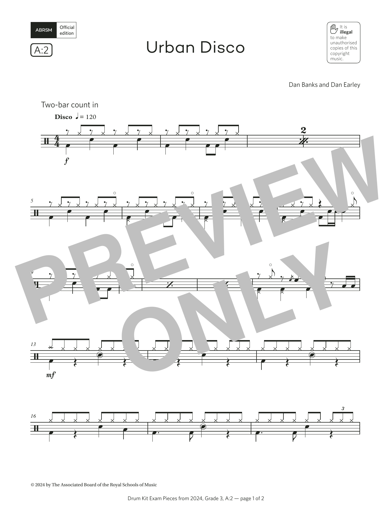 Download Dan Banks and Dan Earley Urban Disco (Grade 3, list A2, from the ABRSM Drum Kit Syllabus 2024) Sheet Music and learn how to play Drums PDF digital score in minutes