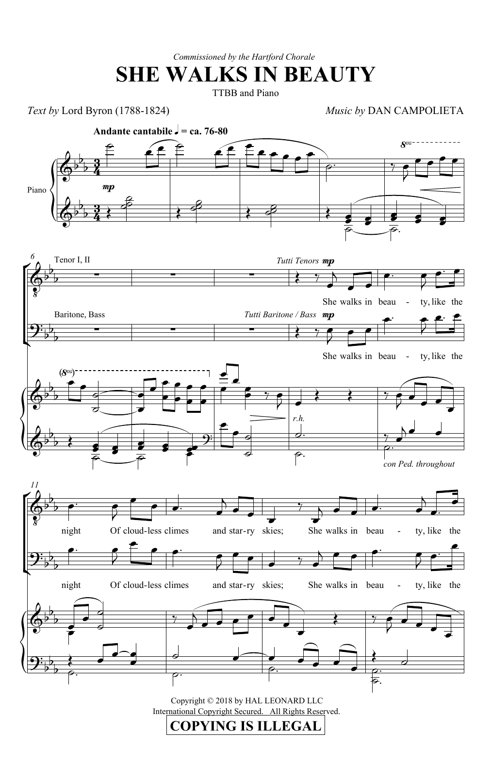 Download Dan Campolieta She Walks In Beauty Sheet Music and learn how to play TTBB Choir PDF digital score in minutes