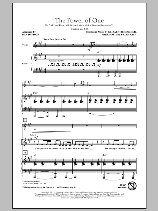 Download David Lantz III The Power Of One Sheet Music and learn how to play SAB PDF digital score in minutes