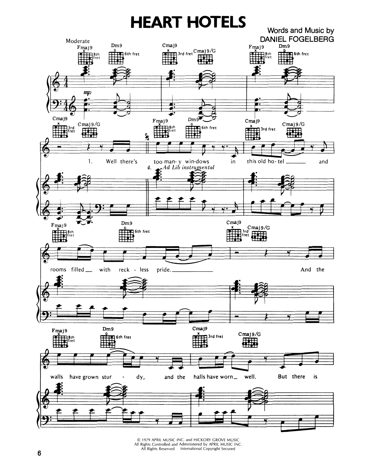Download Dan Fogelberg Heart Hotels Sheet Music and learn how to play Piano, Vocal & Guitar Chords (Right-Hand Melody) PDF digital score in minutes