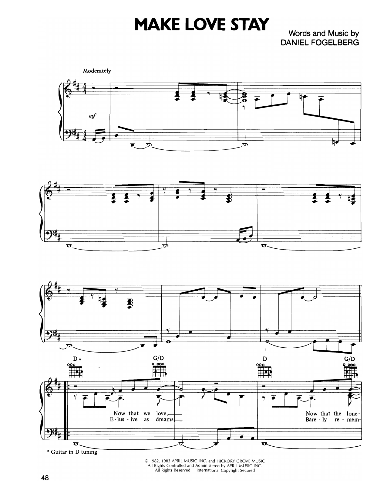 Download Dan Fogelberg Make Love Stay Sheet Music and learn how to play Piano, Vocal & Guitar Chords (Right-Hand Melody) PDF digital score in minutes