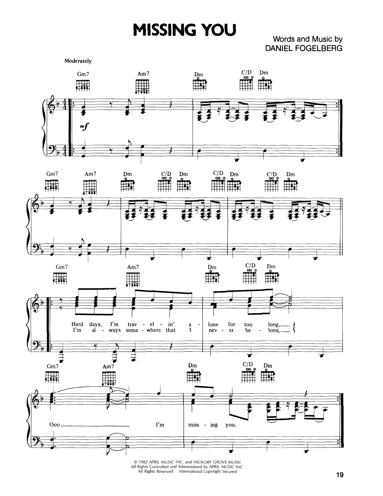 Download Dan Fogelberg Missing You (Fogelberg) Sheet Music and learn how to play Piano, Vocal & Guitar Chords (Right-Hand Melody) PDF digital score in minutes