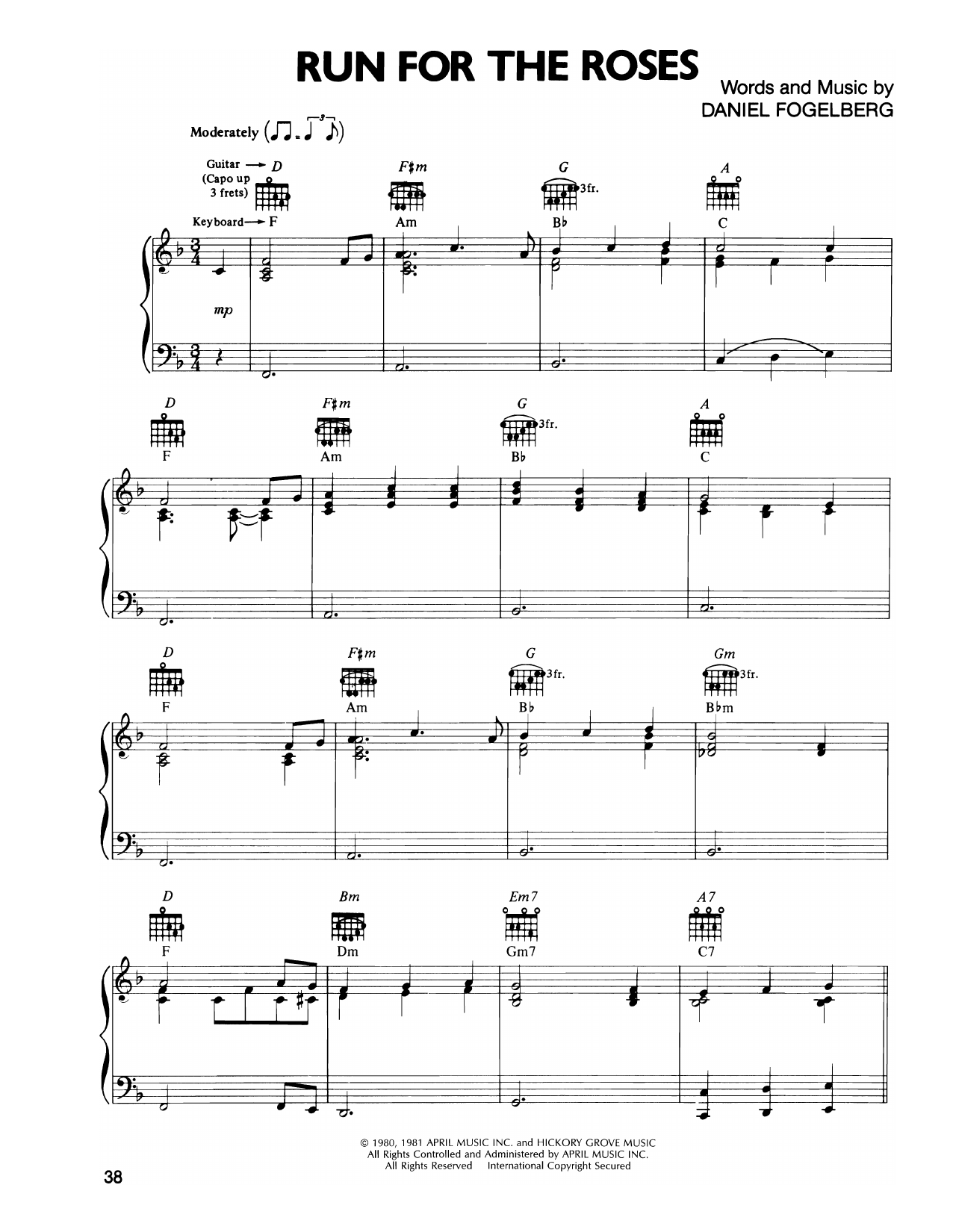 Download Dan Fogelberg Run For The Roses Sheet Music and learn how to play Piano, Vocal & Guitar Chords (Right-Hand Melody) PDF digital score in minutes