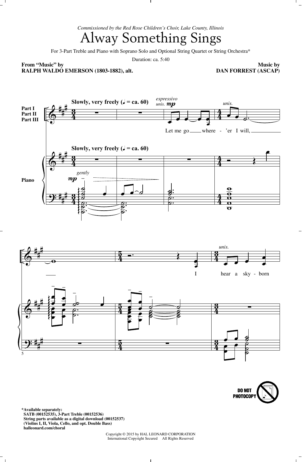 Download Dan Forrest Alway Something Sings Sheet Music and learn how to play 3-Part Treble PDF digital score in minutes