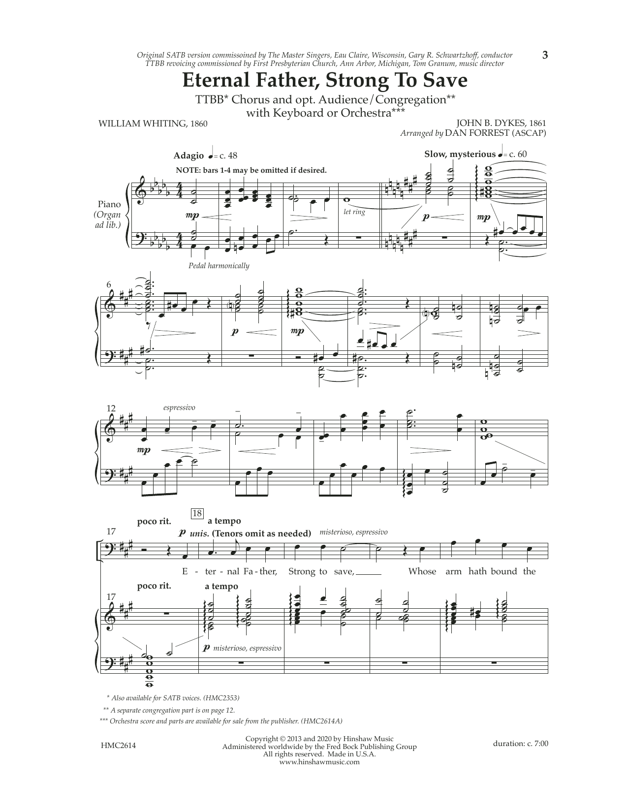 Download Dan Forrest Eternal Father, Strong To Save Sheet Music and learn how to play TTBB Choir PDF digital score in minutes