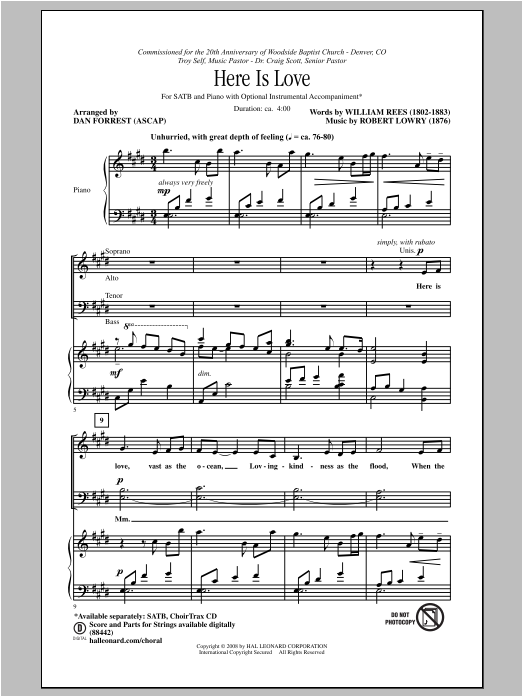 Download Robert Lowry Here Is Love (arr. Dan Forrest) Sheet Music and learn how to play SATB PDF digital score in minutes