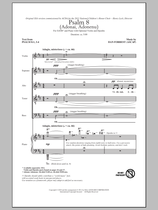 Download Dan Forrest Psalm 8 (Adonai, Adonenu) Sheet Music and learn how to play SSA PDF digital score in minutes