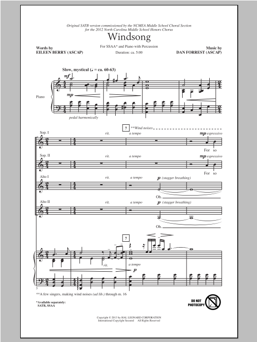 Download Dan Forrest Windsong Sheet Music and learn how to play SATB PDF digital score in minutes