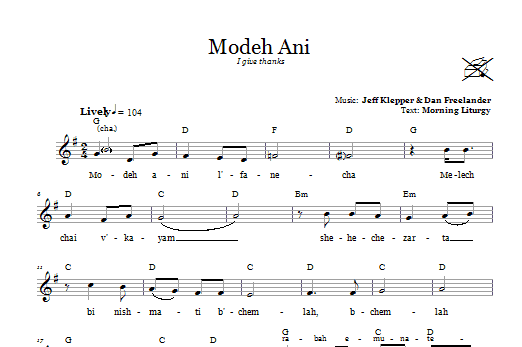 Download Dan Freelander Modeh Ani (I Give Thanks) Sheet Music and learn how to play Melody Line, Lyrics & Chords PDF digital score in minutes