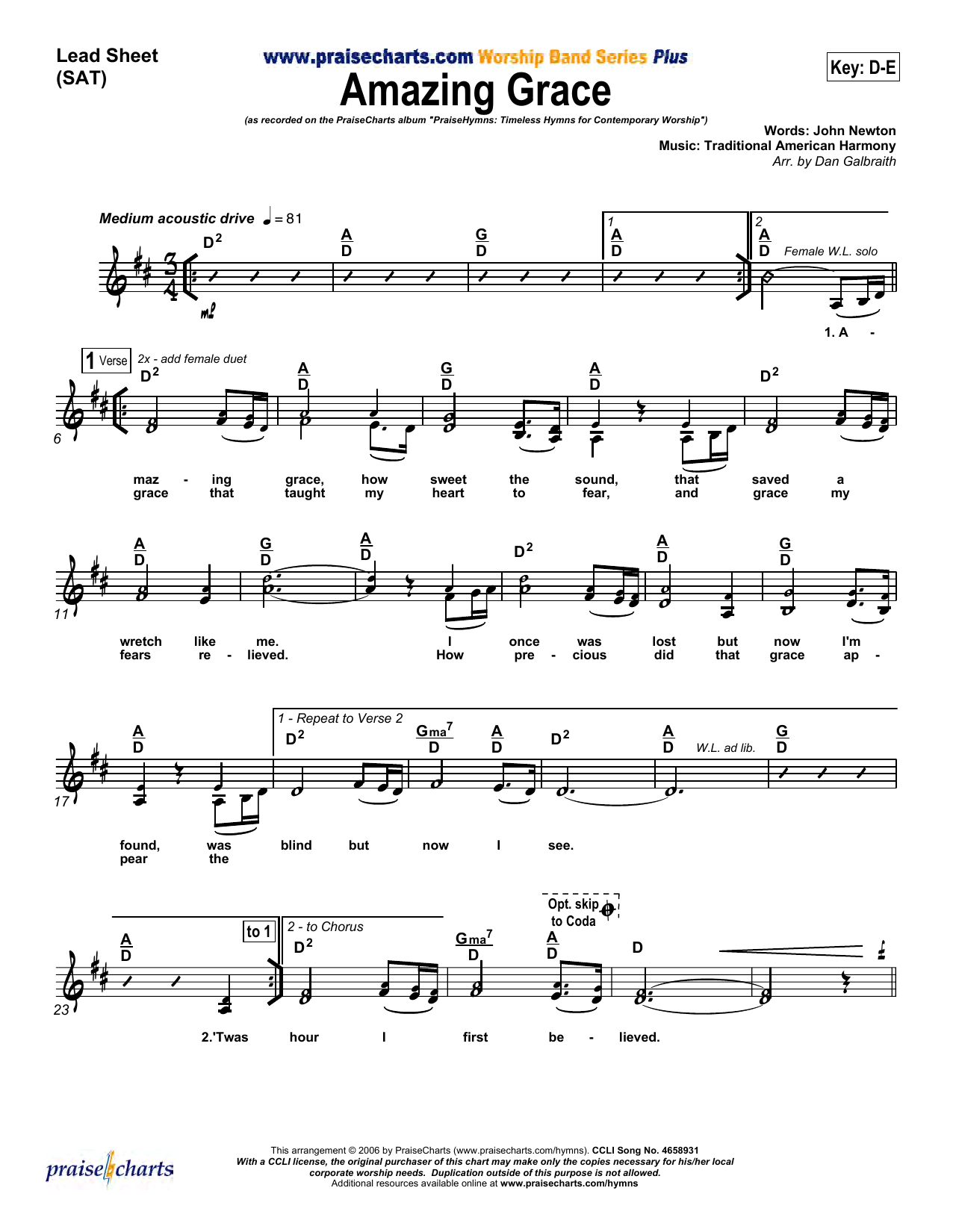 Download Dan Galbraith Amazing Grace Sheet Music and learn how to play Lead Sheet / Fake Book PDF digital score in minutes