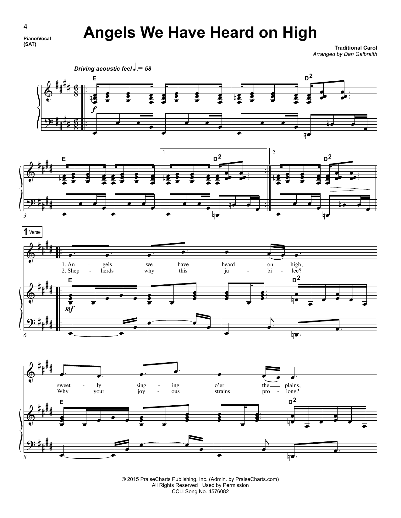 Download Traditional Carol Angels We Have Heard On High (arr. Dan Galbraith) Sheet Music and learn how to play Piano & Vocal PDF digital score in minutes