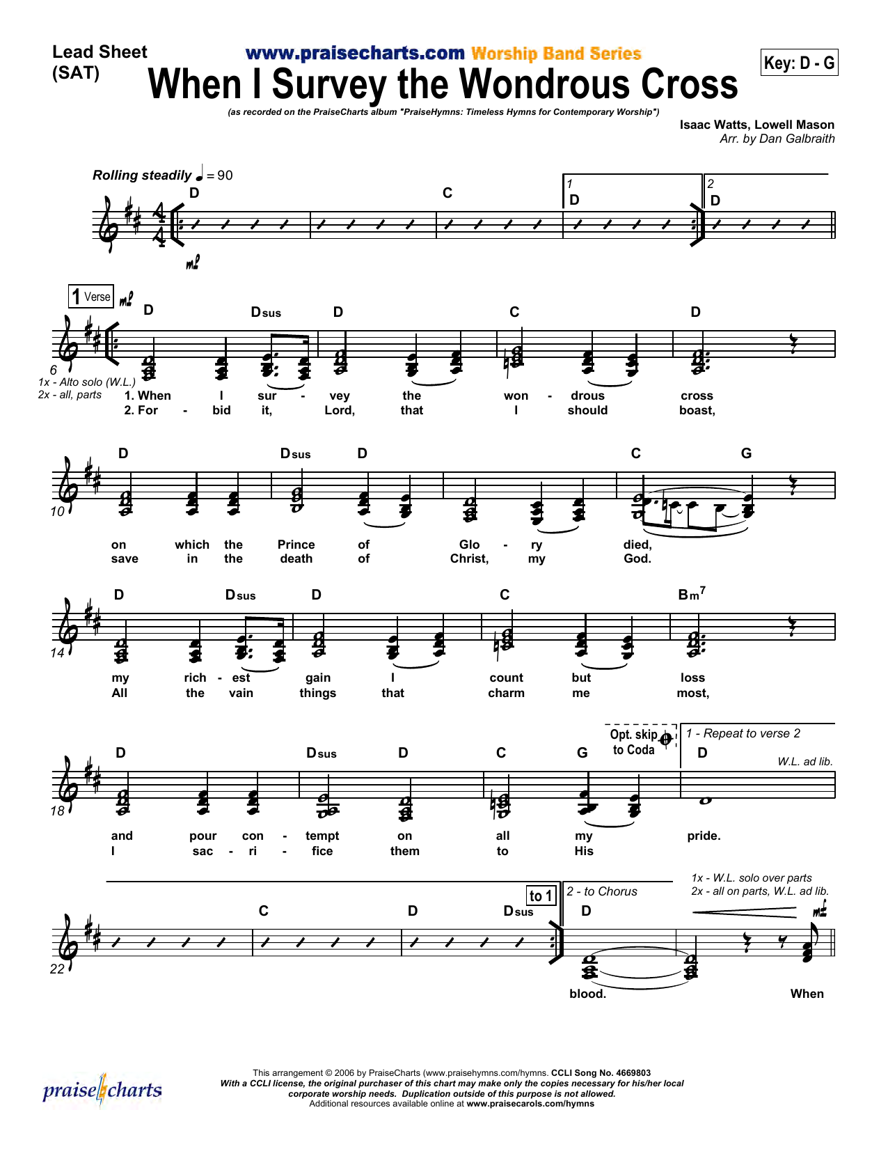 Download Dan Galbraith When I Survey the Wondrous Cross Sheet Music and learn how to play Lead Sheet / Fake Book PDF digital score in minutes