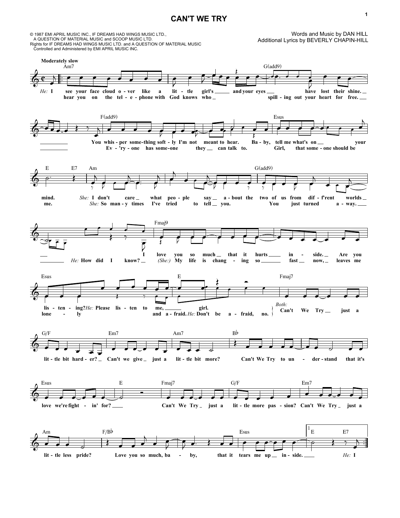Download Dan Hill Can't We Try Sheet Music and learn how to play Melody Line, Lyrics & Chords PDF digital score in minutes