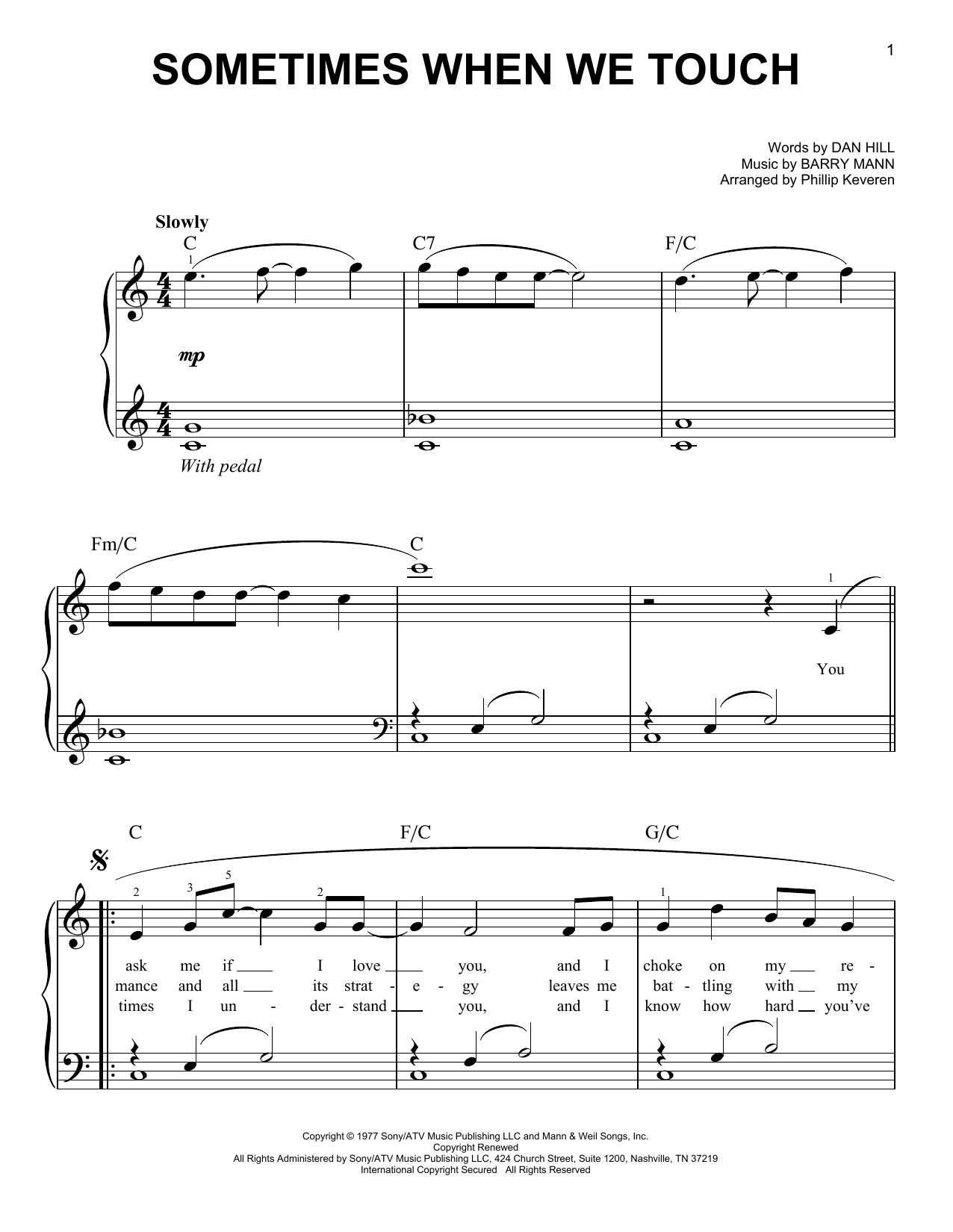 Download Dan Hill Sometimes When We Touch (arr. Phillip Keveren) Sheet Music and learn how to play Easy Piano PDF digital score in minutes