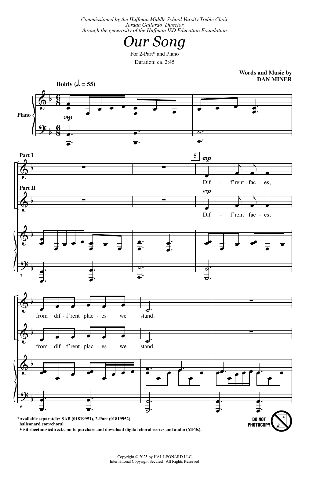Download Dan Miner Our Song Sheet Music and learn how to play 2-Part Choir PDF digital score in minutes