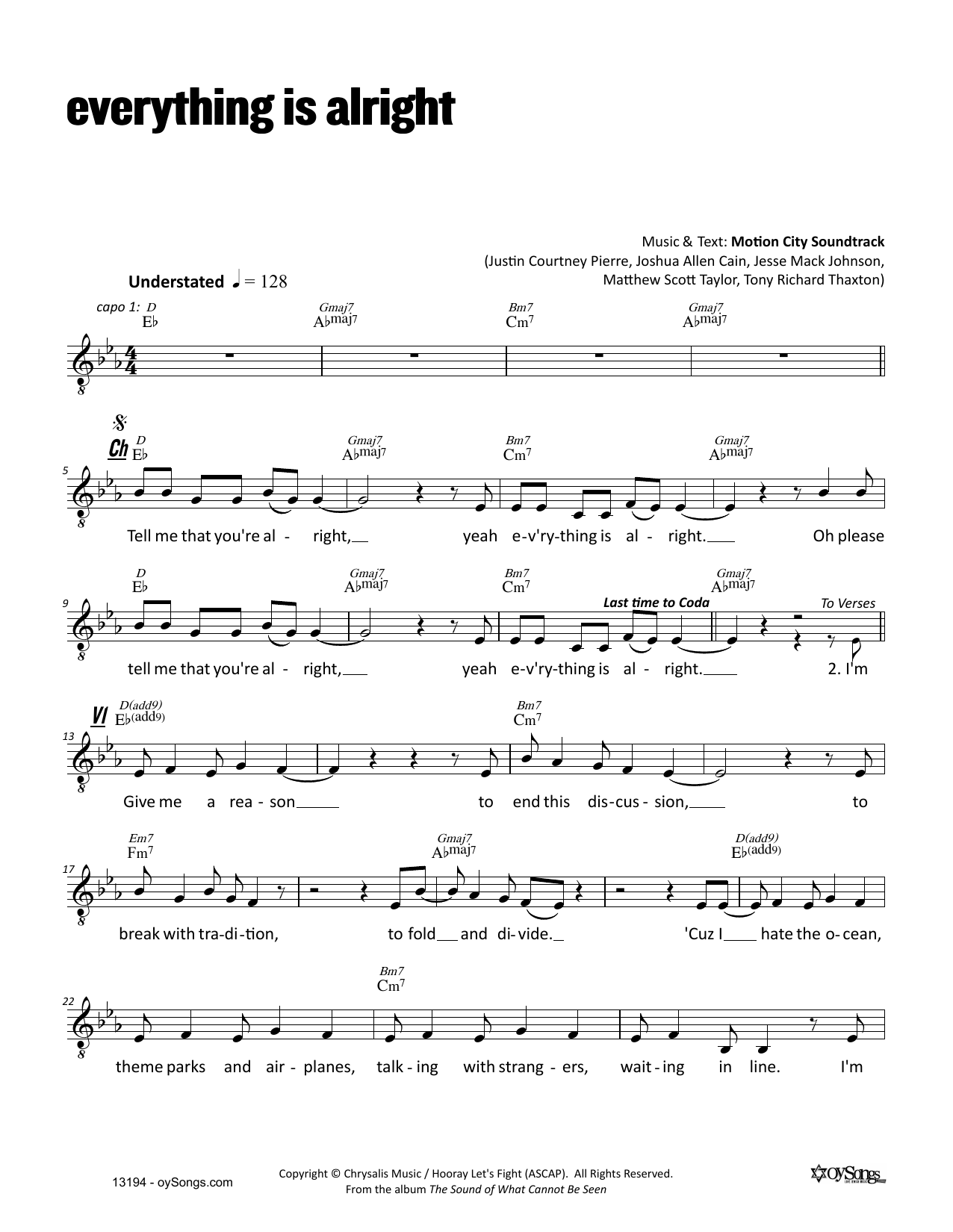 Download Dan Nichols Everything Is Alright Sheet Music and learn how to play Melody Line, Lyrics & Chords PDF digital score in minutes