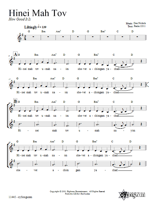 Download Dan Nichols Hinei Mah Tov Sheet Music and learn how to play Melody Line, Lyrics & Chords PDF digital score in minutes