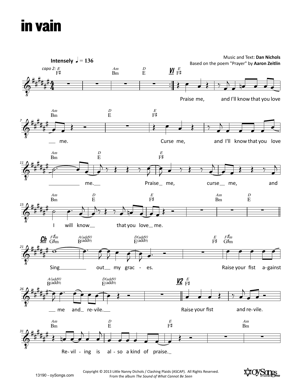 Download Dan Nichols In Vain Sheet Music and learn how to play Melody Line, Lyrics & Chords PDF digital score in minutes