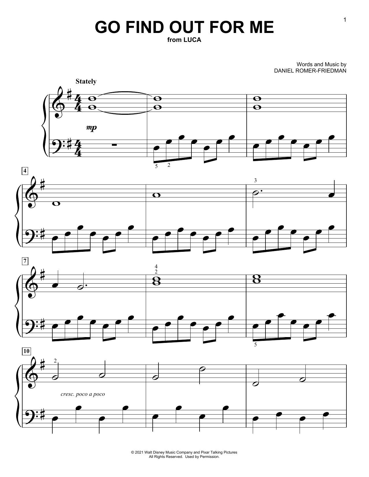 Download Dan Romer Go Find Out For Me (from Luca) Sheet Music and learn how to play Big Note Piano PDF digital score in minutes