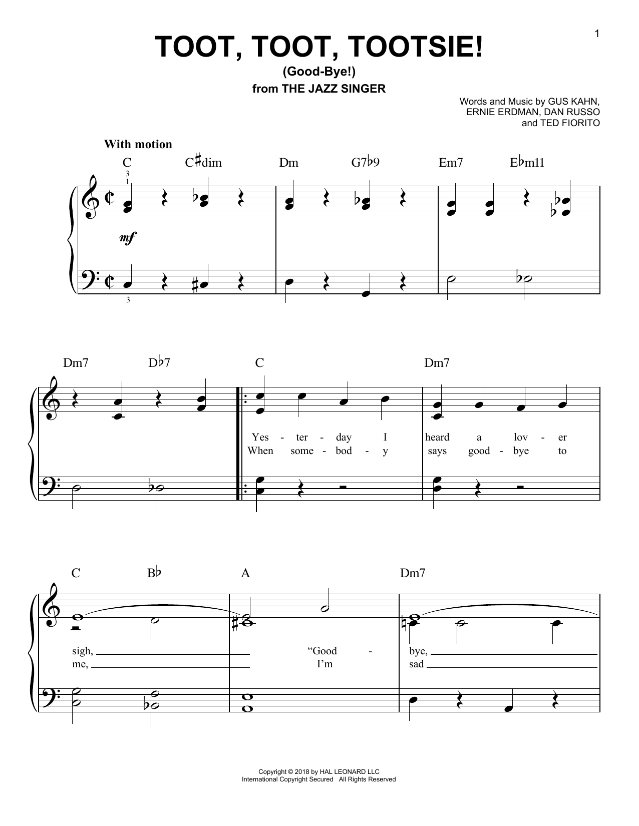 Download Dan Russo Toot, Toot, Tootsie! (Good-bye!) Sheet Music and learn how to play Easy Piano PDF digital score in minutes