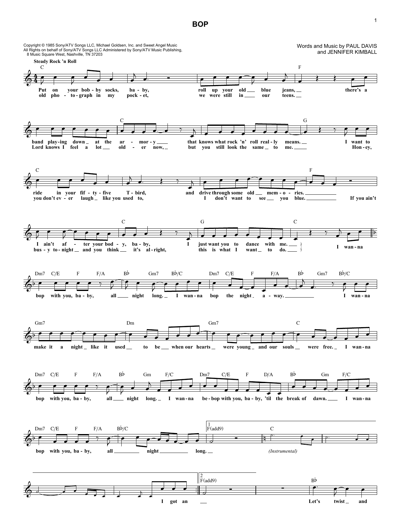 Download Dan Seals Bop Sheet Music and learn how to play Melody Line, Lyrics & Chords PDF digital score in minutes