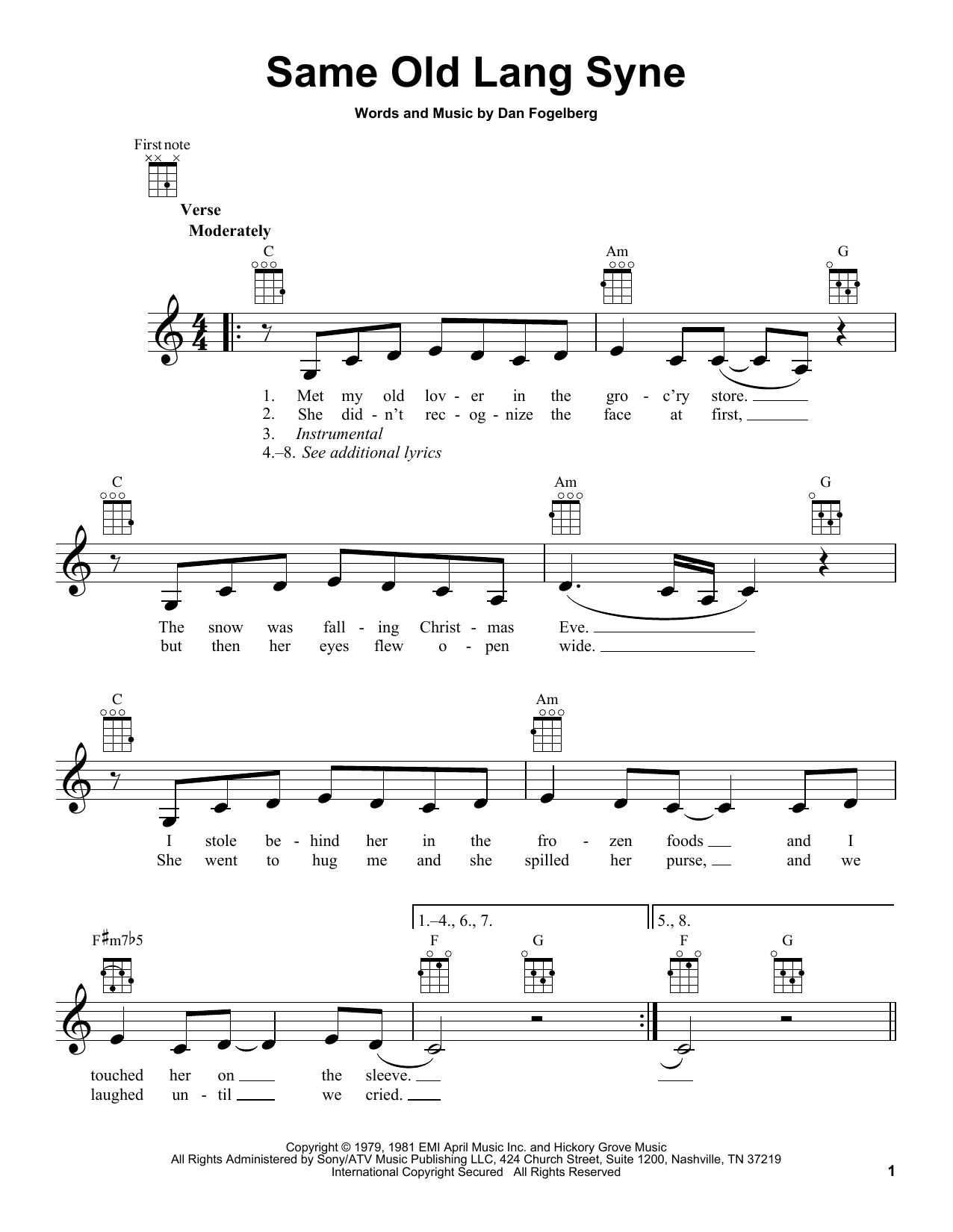 Dan Fogelberg Same Old Lang Syne Sheet Music Notes Download 