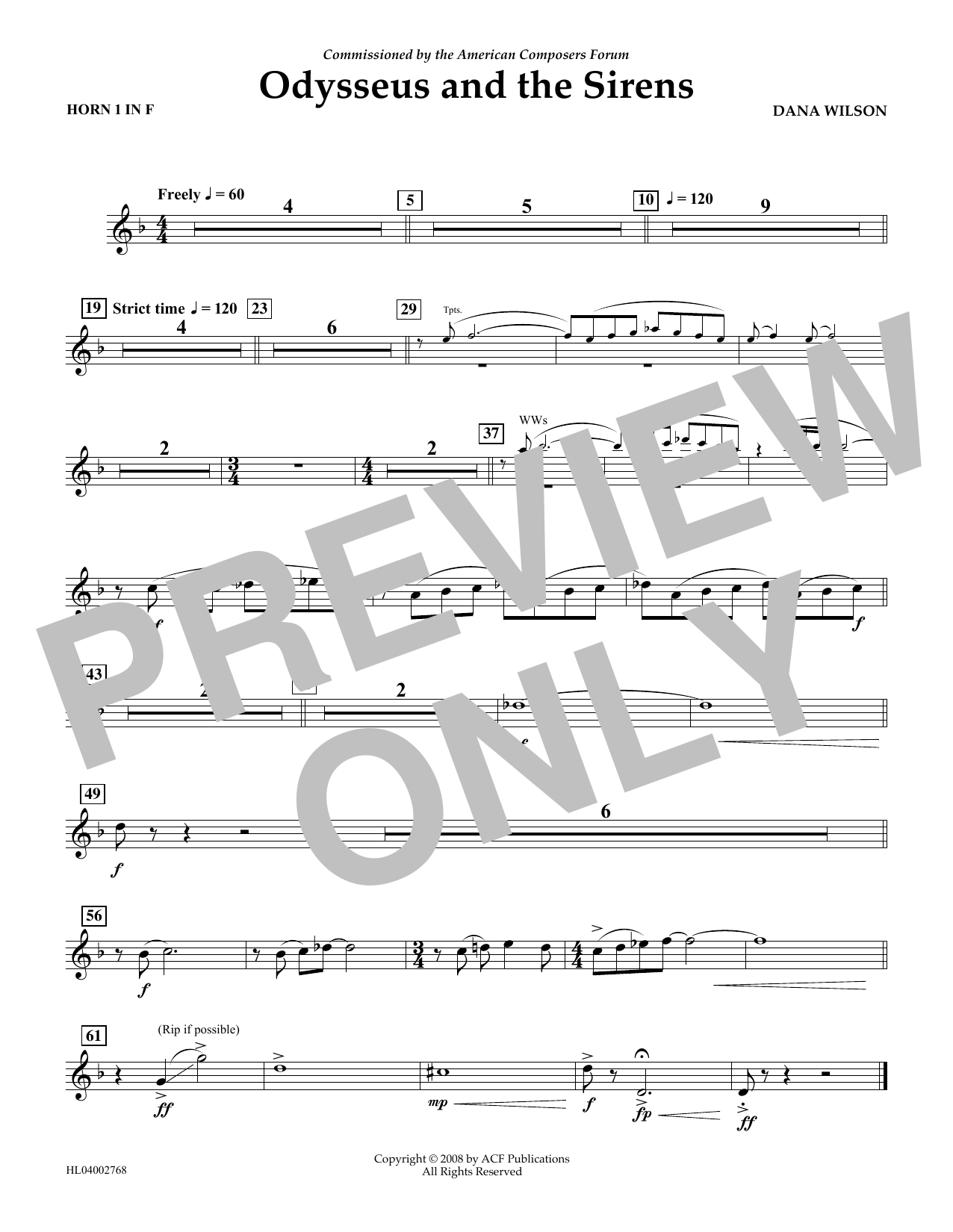 Download Dana Wilson Odysseus and the Sirens - F Horn 1 Sheet Music and learn how to play Concert Band PDF digital score in minutes