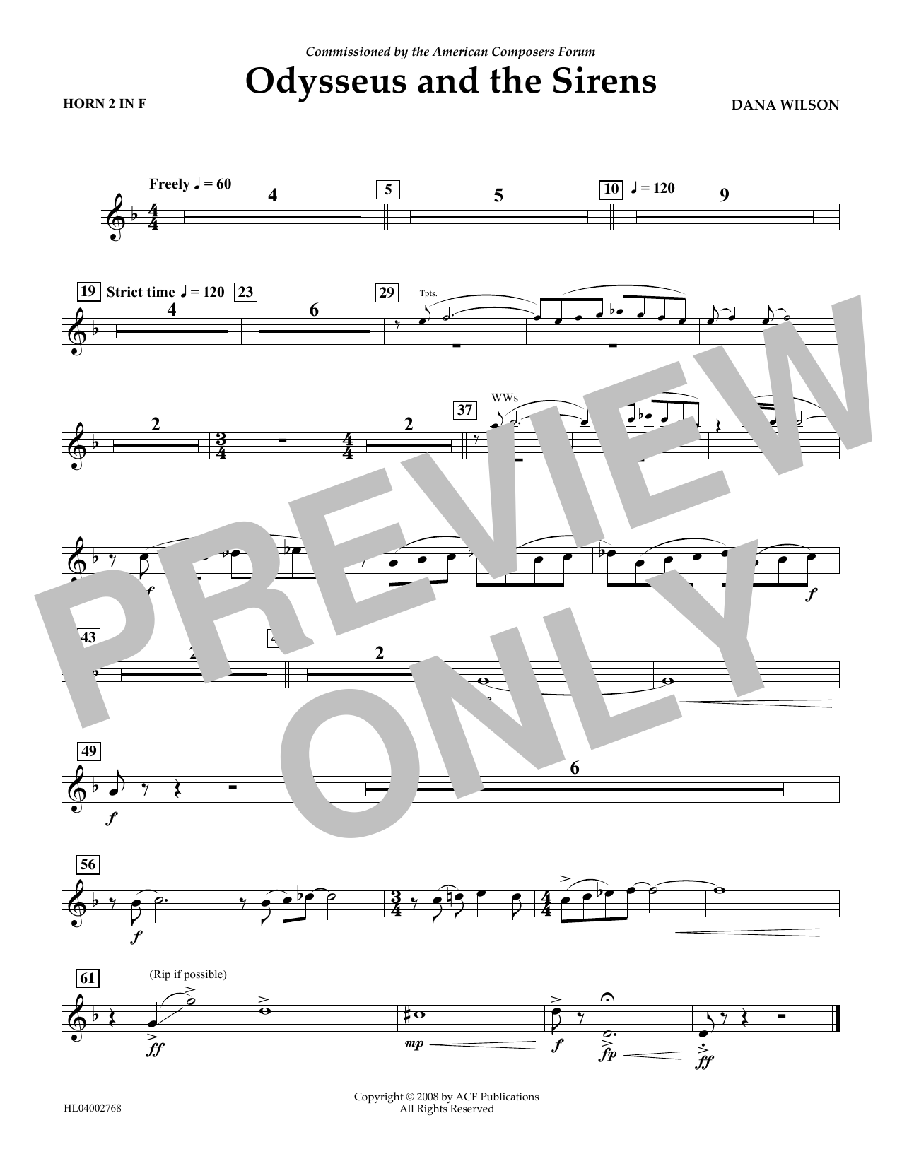 Download Dana Wilson Odysseus and the Sirens - F Horn 2 Sheet Music and learn how to play Concert Band PDF digital score in minutes