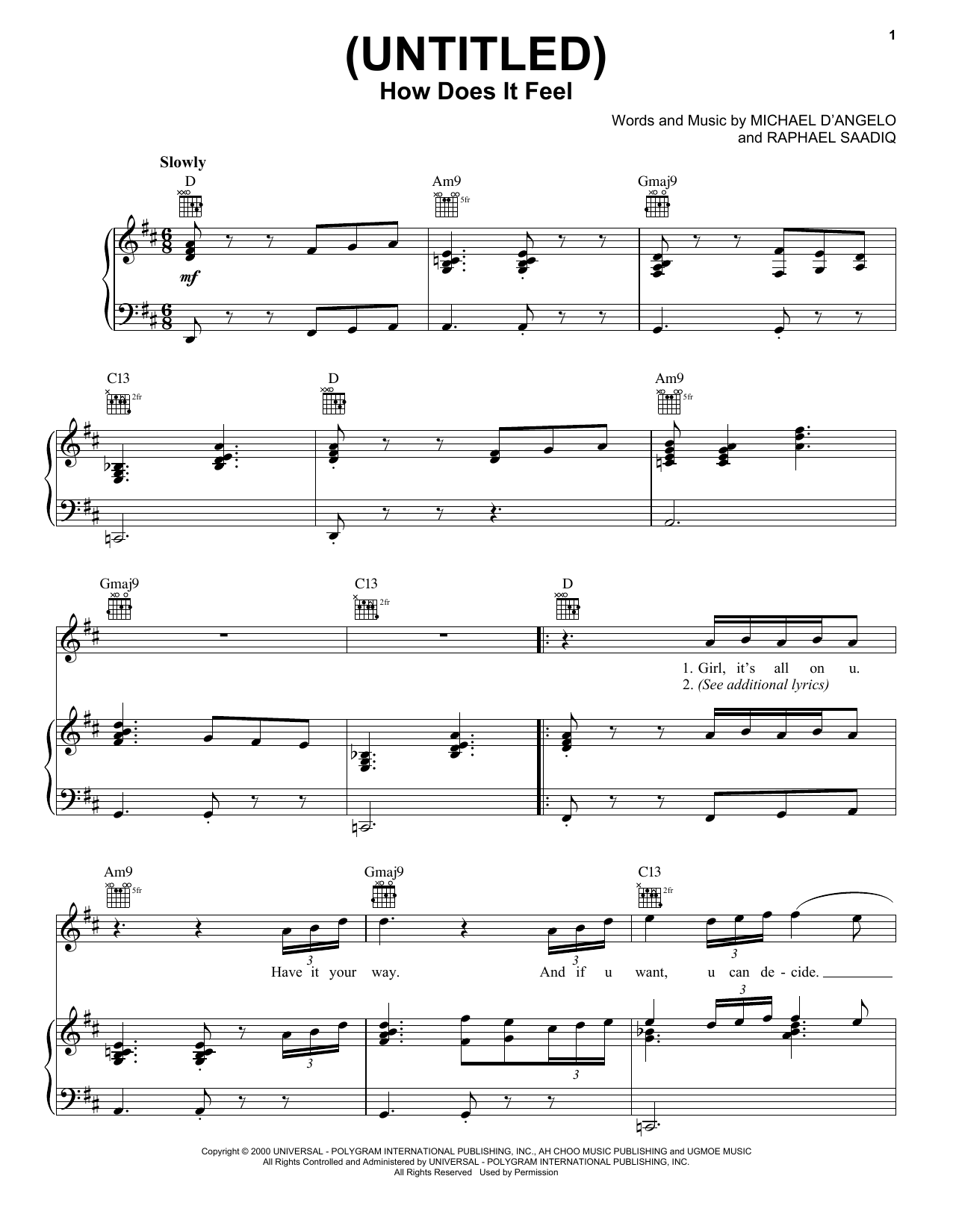 Download D'Angelo (Untitled) How Does It Feel Sheet Music and learn how to play Piano, Vocal & Guitar (Right-Hand Melody) PDF digital score in minutes