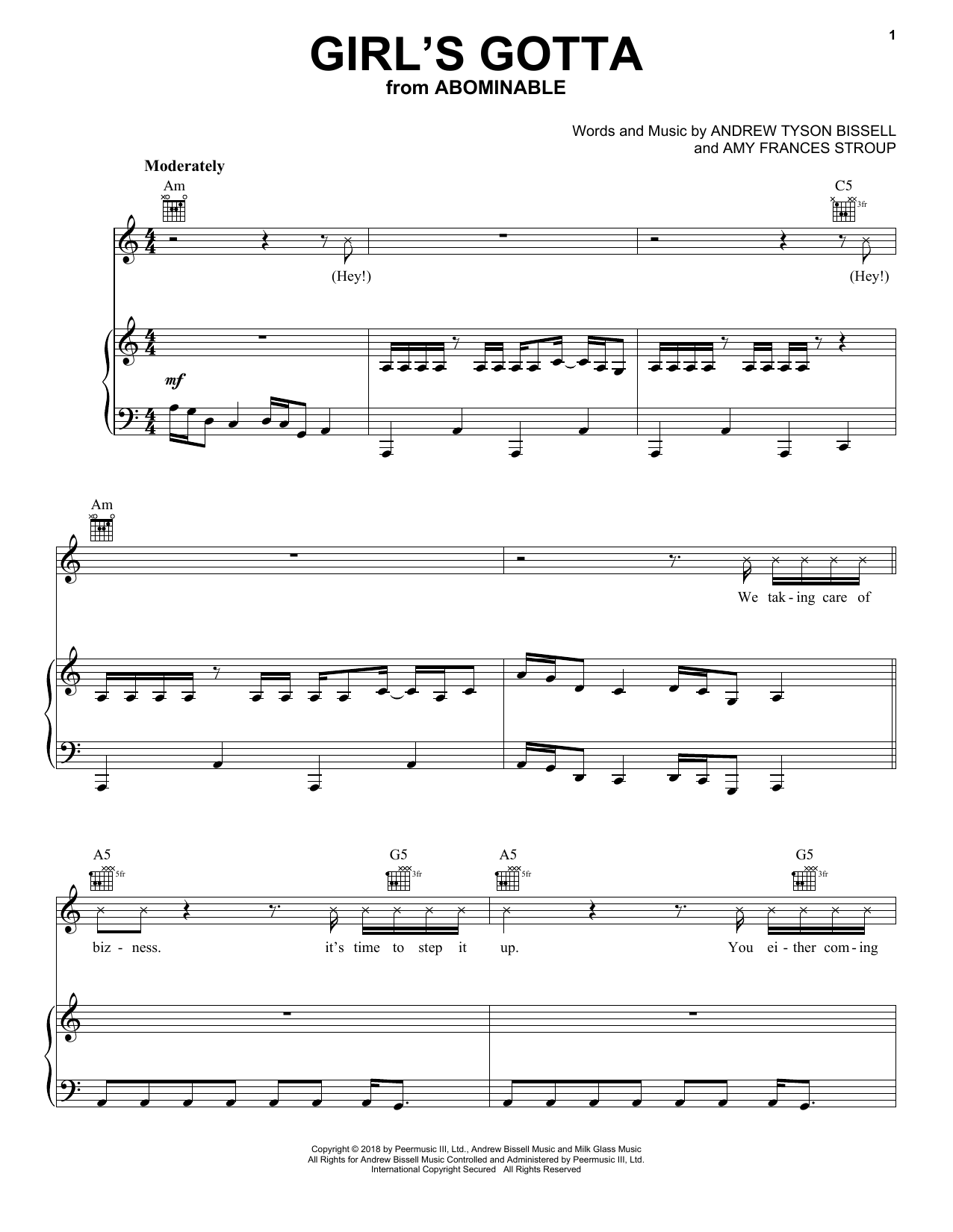 Download Danger Twins Girl's Gotta (from the Motion Picture Abominable) Sheet Music and learn how to play Piano, Vocal & Guitar Chords (Right-Hand Melody) PDF digital score in minutes