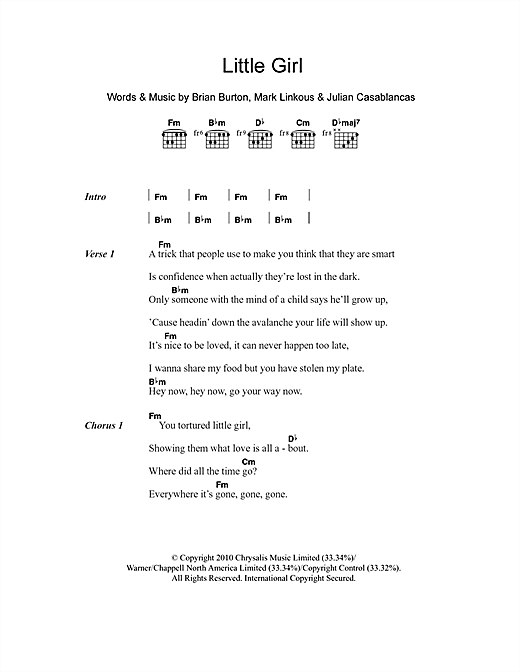 Download Danger Mouse & Sparklehorse Little Girl (feat. Julian Casablancas) Sheet Music and learn how to play Lyrics & Chords PDF digital score in minutes