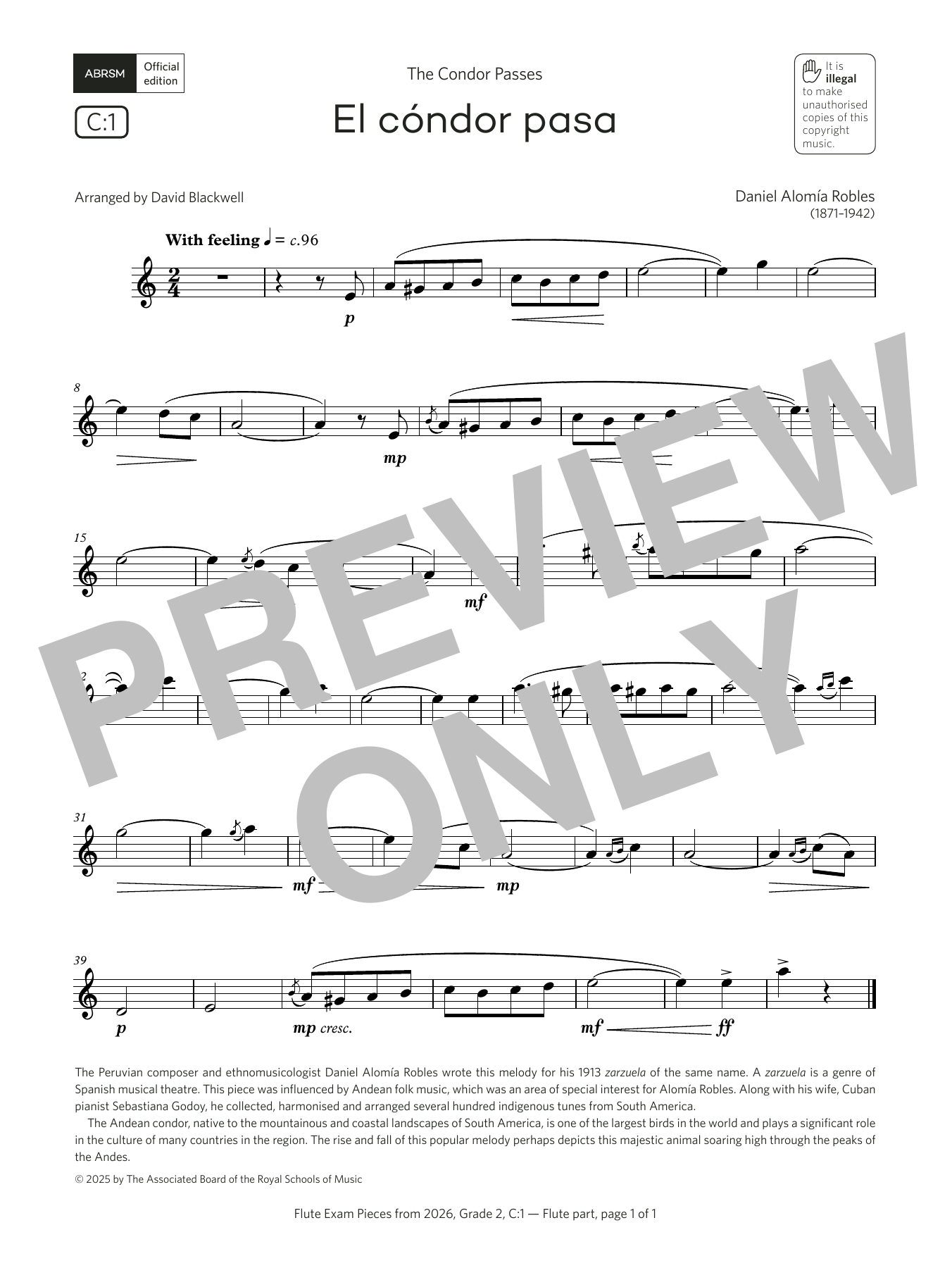 Download Daniel Alomía Robles El cóndor pasa (Grade 2, list C1, from the ABRSM Flute Syllabus from 2026) Sheet Music and learn how to play Flute Solo PDF digital score in minutes