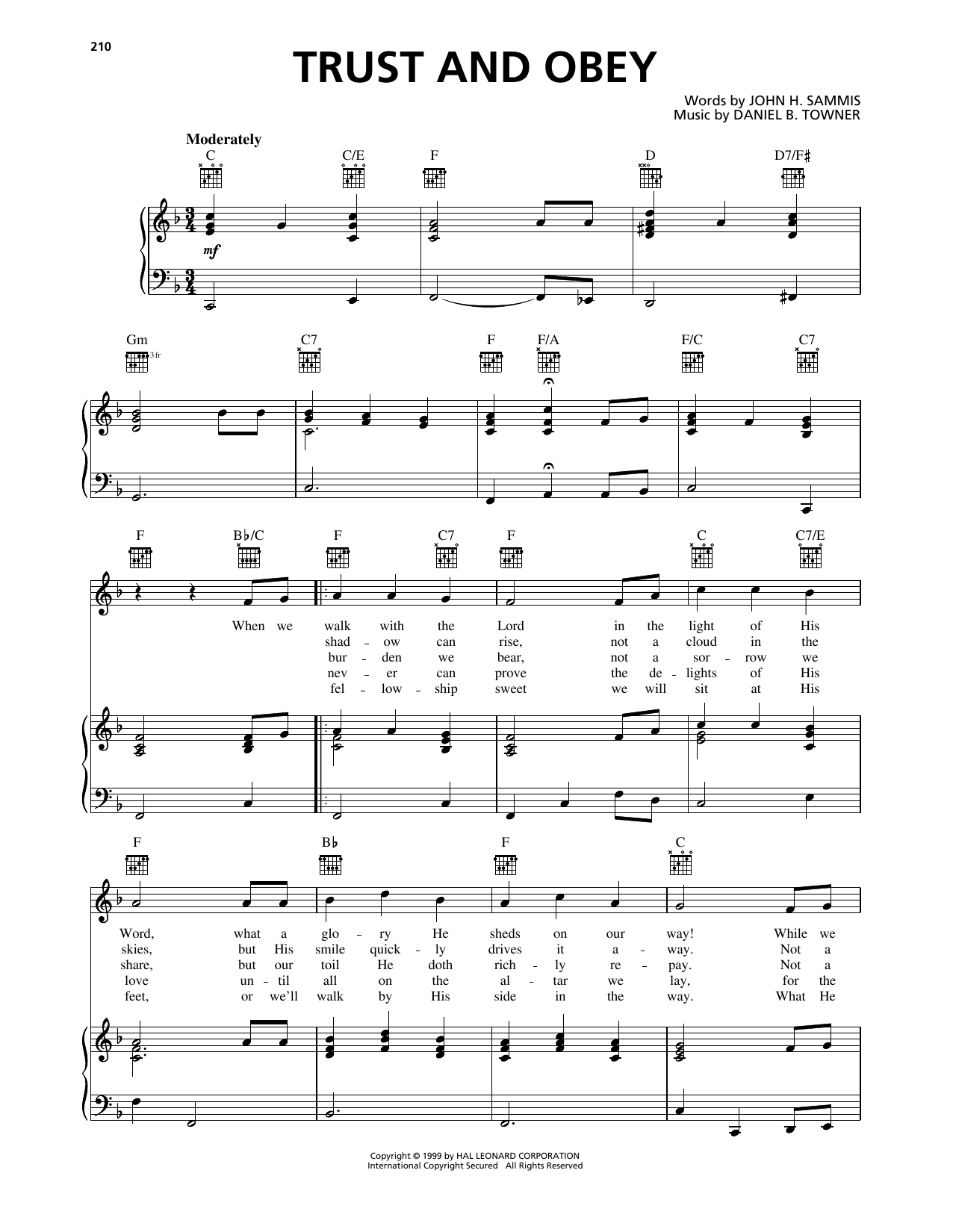 Download Daniel B. Towner Trust And Obey Sheet Music and learn how to play Piano, Vocal & Guitar Chords (Right-Hand Melody) PDF digital score in minutes