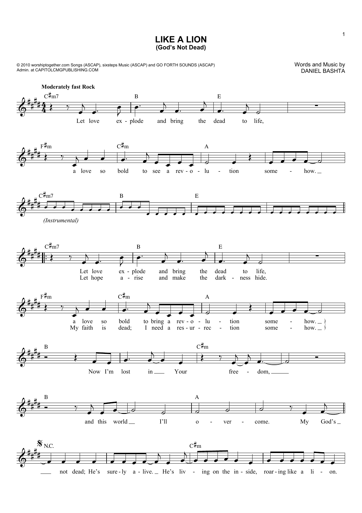 Download Daniel Bashta Like A Lion (God's Not Dead) Sheet Music and learn how to play Melody Line, Lyrics & Chords PDF digital score in minutes