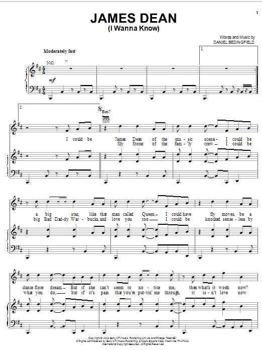 Download Daniel Bedingfield James Dean (I Wanna Know) Sheet Music and learn how to play Piano, Vocal & Guitar (Right-Hand Melody) PDF digital score in minutes