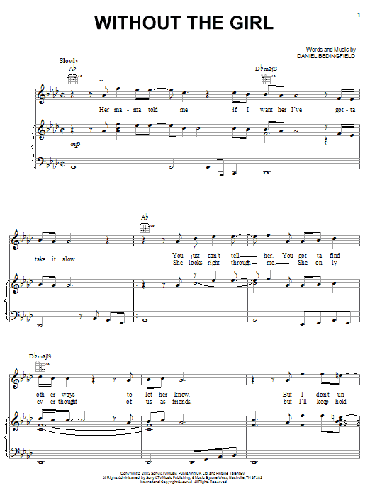 Download Daniel Bedingfield Without The Girl Sheet Music and learn how to play Piano, Vocal & Guitar (Right-Hand Melody) PDF digital score in minutes