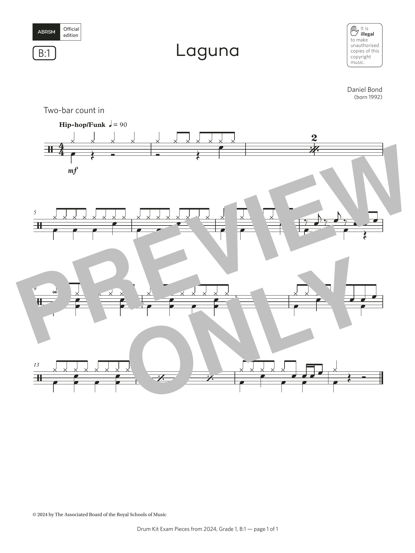 Download Daniel Bond Laguna (Grade 1, list B1, from the ABRSM Drum Kit Syllabus 2024) Sheet Music and learn how to play Drums PDF digital score in minutes