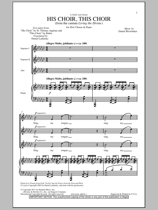 Download Daniel Brewbaker His Choir, This Choir Sheet Music and learn how to play SSA PDF digital score in minutes