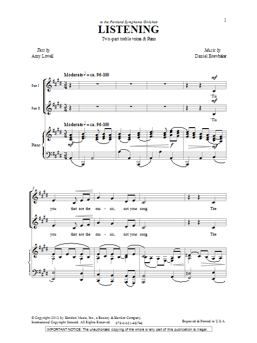 Download Daniel Brewbaker Listening Sheet Music and learn how to play 2-Part Choir PDF digital score in minutes