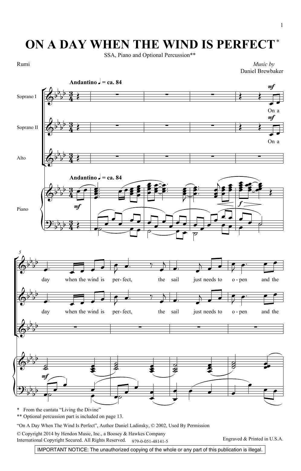 Download Daniel Brewbaker On A Day When The Wind Is Perfect Sheet Music and learn how to play SSA Choir PDF digital score in minutes