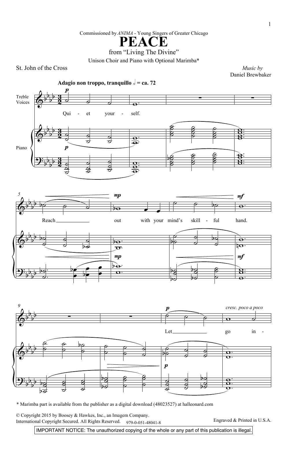 Download Daniel Brewbaker Peace Sheet Music and learn how to play Unison Choral PDF digital score in minutes