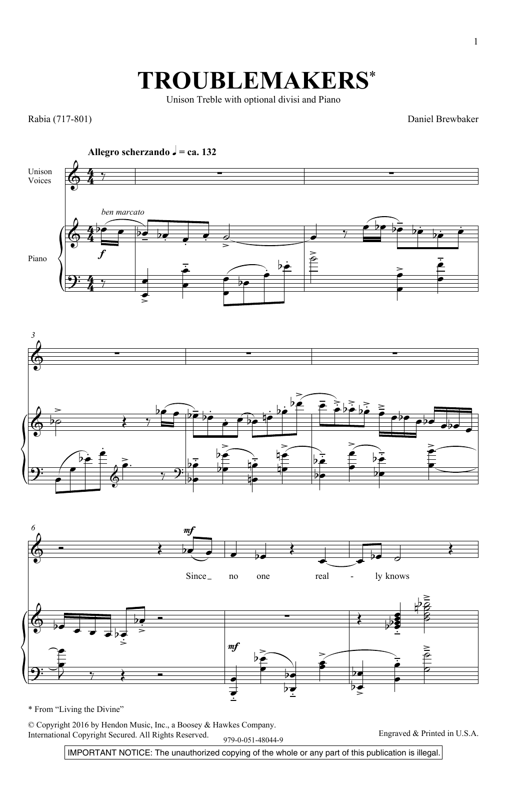 Download Daniel Brewbaker Troublemakers Sheet Music and learn how to play Unison Choral PDF digital score in minutes