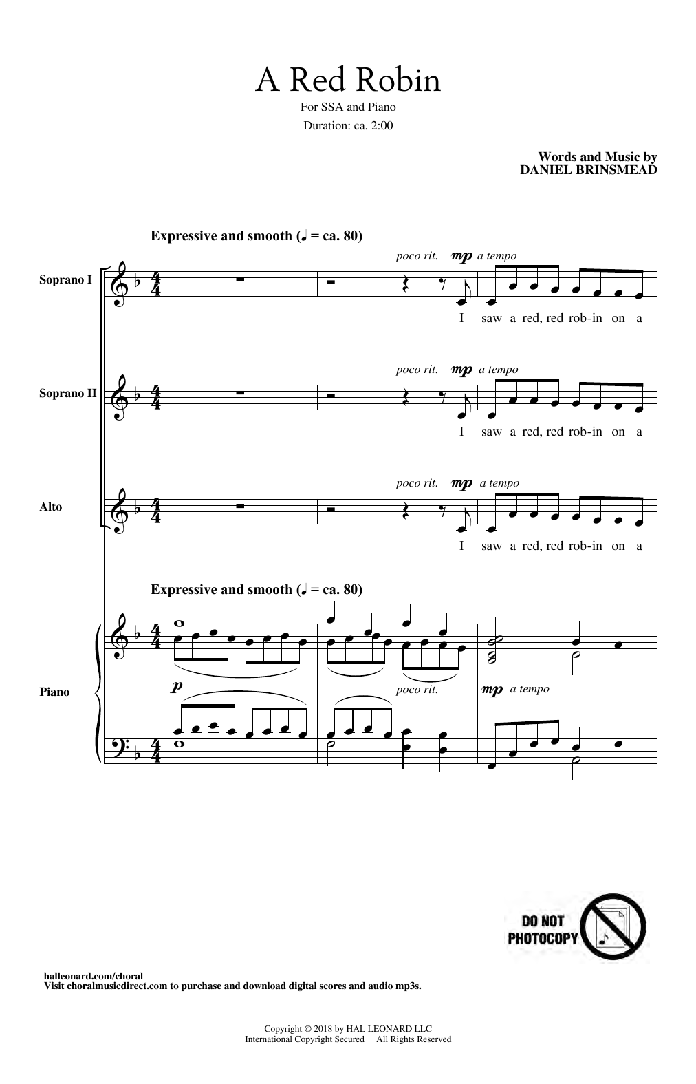 Download Daniel Brinsmead A Red Robin Sheet Music and learn how to play SSA Choir PDF digital score in minutes
