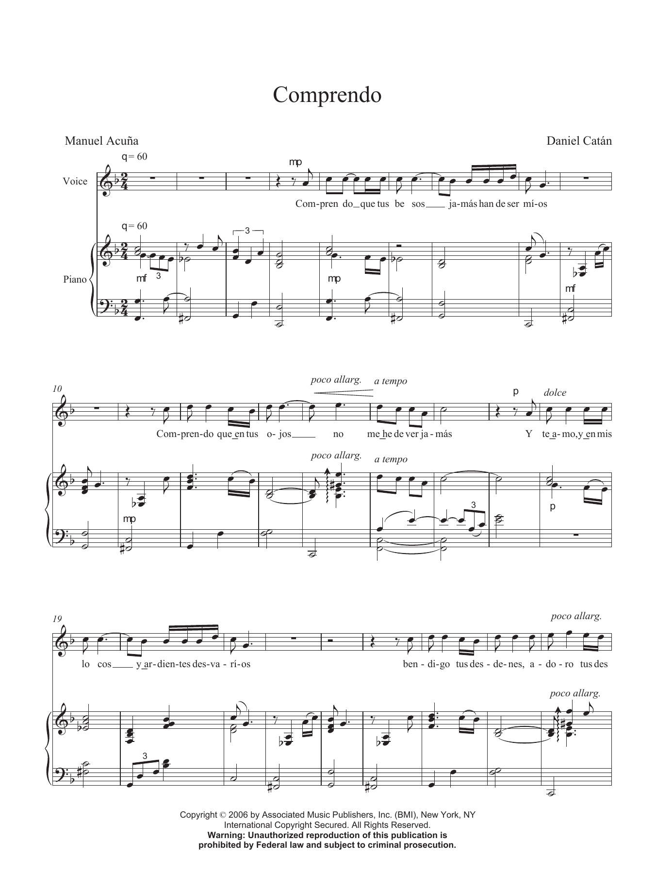 Download Daniel Catán Comprendo Sheet Music and learn how to play Voice PDF digital score in minutes