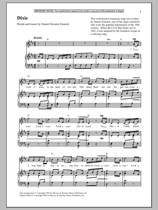 Download Daniel Decatur Emmett Dixie Sheet Music and learn how to play Piano & Vocal PDF digital score in minutes