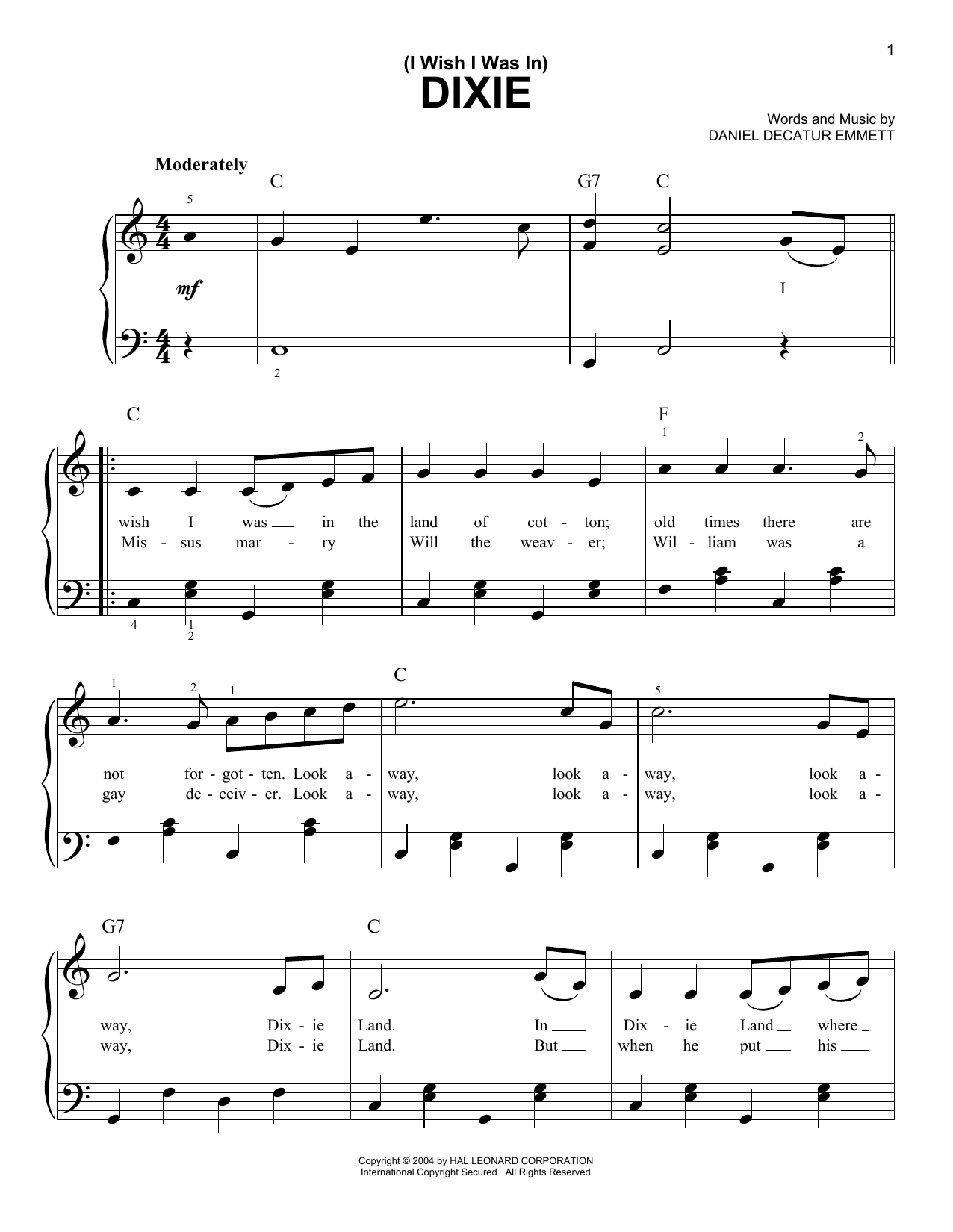 Download Daniel Decatur Emmett (I Wish I Was In) Dixie Sheet Music and learn how to play Piano, Vocal & Guitar (Right-Hand Melody) PDF digital score in minutes