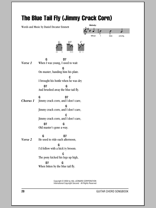 Download Daniel Decatur Emmett The Blue Tail Fly (Jimmy Crack Corn) Sheet Music and learn how to play Lyrics & Chords PDF digital score in minutes