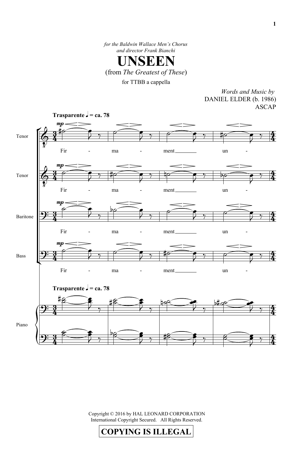 Download Daniel Elder Unseen Sheet Music and learn how to play TTBB PDF digital score in minutes
