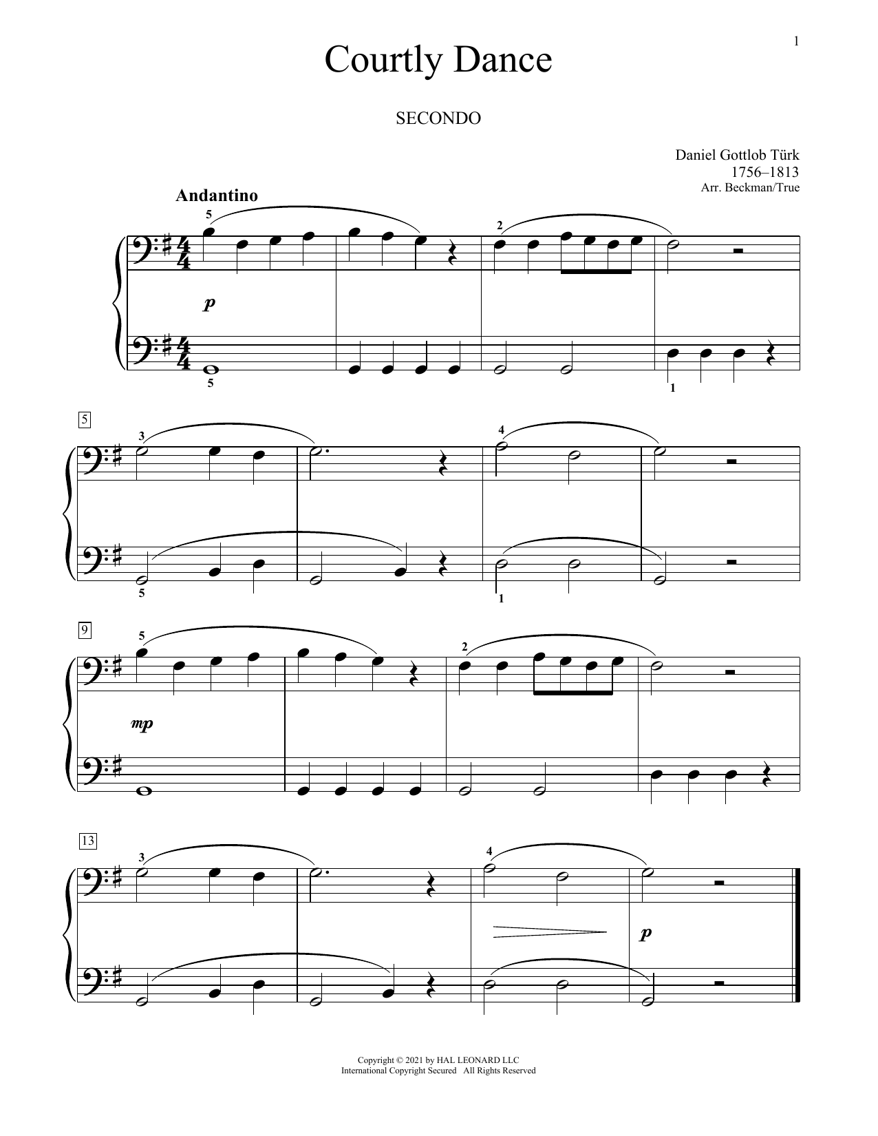 Download Daniel Gottlob Turk Courtly Dance Sheet Music and learn how to play Piano Duet PDF digital score in minutes