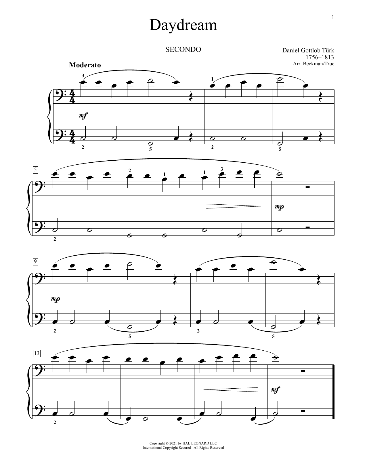 Download Daniel Gottlob Turk Daydream Sheet Music and learn how to play Piano Duet PDF digital score in minutes